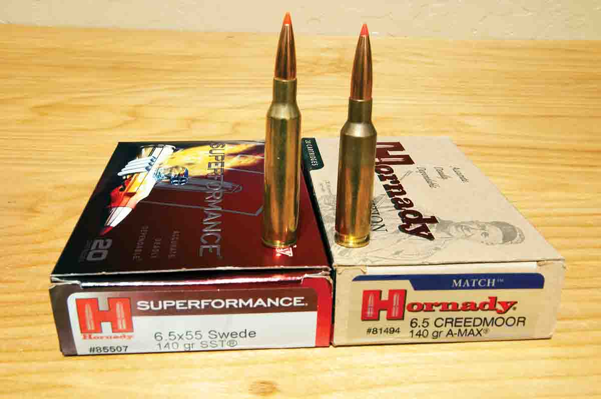 Hornady’s 6.5x55 Swede SUPERformance 140-grain SST load has a stated velocity of 2,735 feet per second (barrel length unknown). The 6.5 Creedmoor Match load with 140-grain A-MAX bullets is said to run at 2,710 feet per second from a 24-inch barrel.